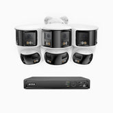 FDH800 - 4K 8 Kanal PoE Panorama Überwachungskamera-Set mit 3 Bullet Kameras & 3 Turm Kameras, zwei Objektiven, 180° Ultraweitwinkel, intelligenter Dual-Licht-Nachtsicht, Zwei-Wege-Audio, aktivem Sirenenton & Alarm, Personen- & Fahrzeugerkennung, IP67